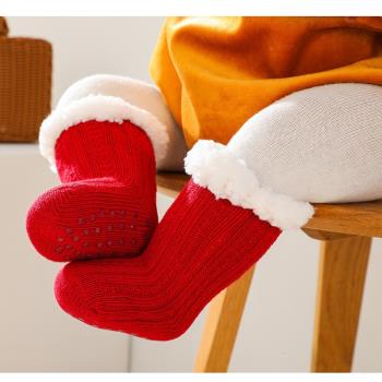 新生嬰兒加厚襪冬季保暖羊羔毛紅色滿月襪寶寶襪圣誕新年裝中筒襪