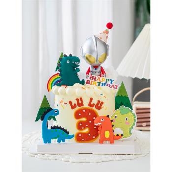 鋼鐵俠蛋糕裝飾擺件網紅超人恐龍男孩寶寶3周歲生日派對插件配件