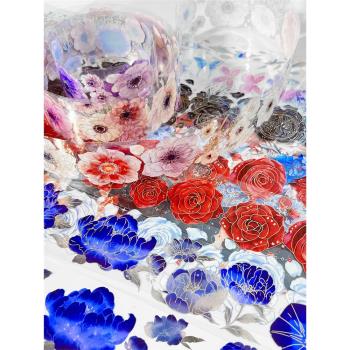 夢幻燙金鐳射背景紅藍色大花朵水晶pet華麗植物手帳素材膠帶分裝