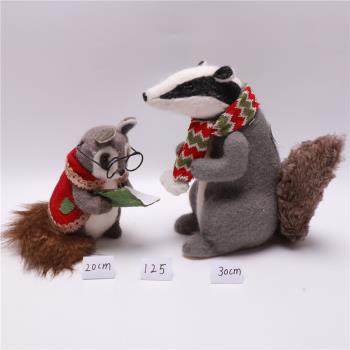 圣誕裝飾品羊毛氈浣熊粉色狐貍草編創意動物造型場景裝扮擺飾單組