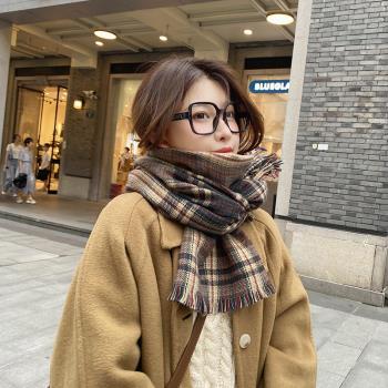 雙面女秋冬季可愛加厚格子圍巾