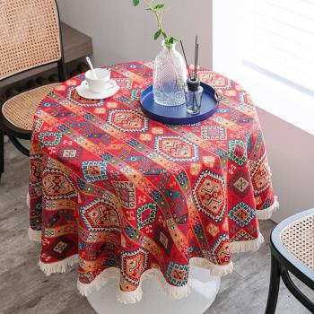 紅色波西米亞餐桌布棉麻復古摩洛哥風情圣誕圓臺布美式輕奢高級感