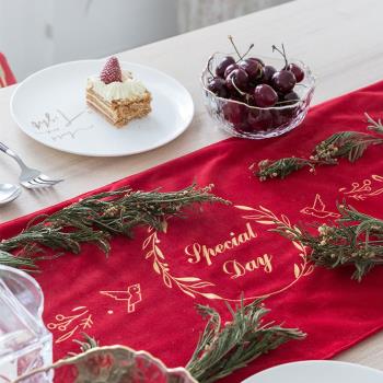 述物 絲絨印金北歐ins餐桌桌布現代簡約家用春節新年圣誕裝飾桌旗
