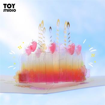 櫻桃生日蛋糕賀卡3D立體折疊蛋糕造型生日祝福小卡片信封創意禮物