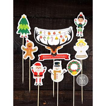 圣誕蛋糕插牌麋鹿裝飾卡牌圣誕老人插旗杯子插卡蛋糕派對8件套