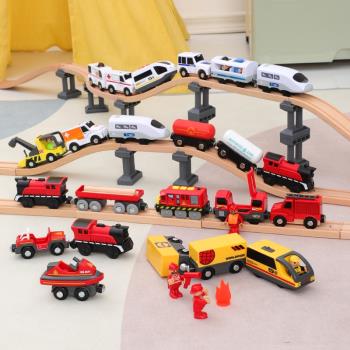 兒童玩具電動小火車頭仿真和諧號鐵路運輸貨車兼容木制軌道2-8歲