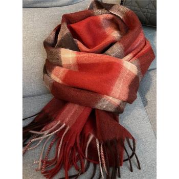 英倫經典100%澳洲羊毛格子羊絨紅色圍巾男女通用秋冬季保暖圍脖