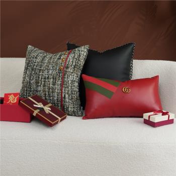 柏洛斯輕奢新年紅色客廳皮沙發組合抱枕高級感樣板間靠墊套方枕