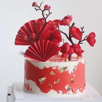 祝壽大紅色折扇扇子烘焙蛋糕裝飾擺件紅色梅花亞克力福字插牌裝飾
