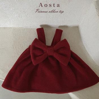 現貨韓國嬰幼童裝AOSTA紅色蝴蝶結公主吊帶裙襯衫女寶寶新年衣服