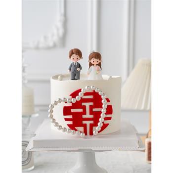 情人節結婚訂婚蛋糕裝飾立體西式新郎新娘人偶擺件珍珠愛心環裝扮
