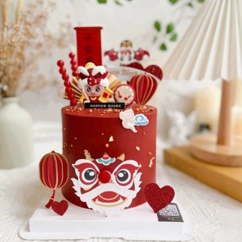 新年中式國潮風舞獅醒獅生日蛋糕裝飾寶寶1周歲甜品臺插件擺件