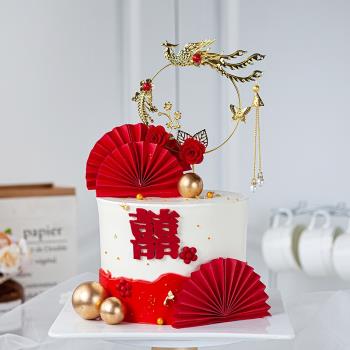 婚禮蛋糕裝飾插件復古宮廷風鳳凰花朵紅色喜慶折扇紙扇雙喜字插牌