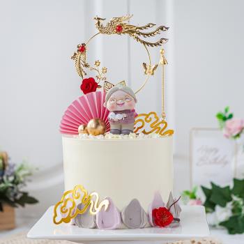 烘焙裝飾祝壽生日蛋糕裝飾擺件搪膠壽公婆抱貓老太太蛋糕裝飾用品