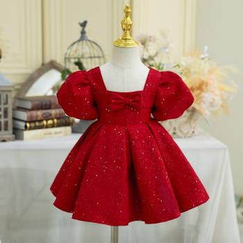女寶寶周歲禮服洋氣女童生日晚禮服長袖紅色小花童公主裙冬款拜年