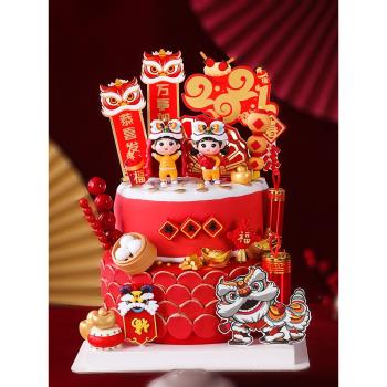 新年烘焙蛋糕裝飾舞獅錦鯉男孩女孩玩偶擺件2023新春喜慶紅金插牌