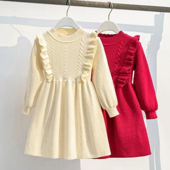 童裝冬季紅色針織毛衣公主裙子