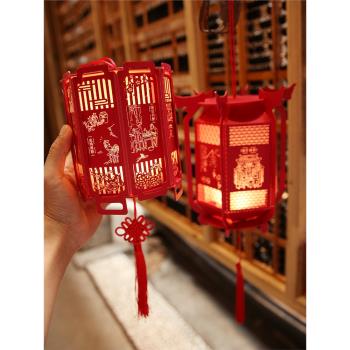 過新年紅色木質燈籠 中國風手工DIY鴻運六角宮燈手提花燈復古風