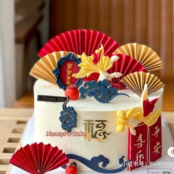 喜慶福祝壽新年蛋糕裝飾祥云金魚平安喜樂翻糖巧克力硅膠模具扇子