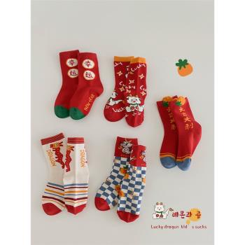 紅色新年款兒童襪子秋冬季純棉寶寶中筒襪男童女童本命年大紅襪潮