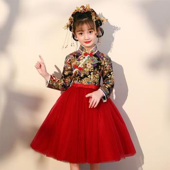 女童旗袍裙中國風兒童漢服新年唐裝小女孩紅色拜年服過年衣服冬季