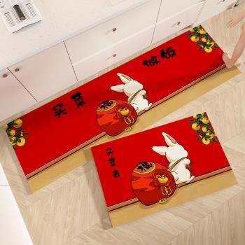 新年喜慶可愛皮革廚房地墊可擦免洗地毯防油防水腳墊長條防滑門墊