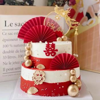 結婚蛋糕裝飾古典中式新郎新娘訂婚禮紅色囍烘焙蛋糕裝飾擺件插件