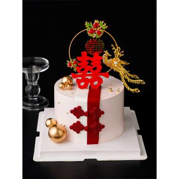鐵藝鳳凰扇子生日蛋糕裝飾插件復古花朵插牌珍珠孔雀喜字結婚插件