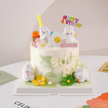網紅田園風兒童節可愛樹脂小兔子蛋糕裝飾插件小花插牌甜品擺件