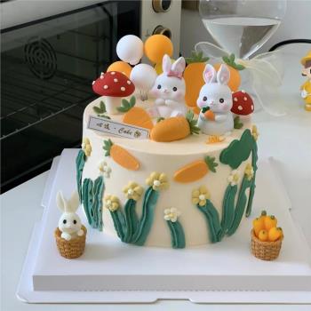 周歲兔蛋糕裝飾可愛小兔子蘑菇胡蘿卜擺件兒童生日派對甜品臺插件