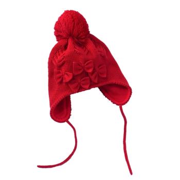 新年紅色蝴蝶結棉布里襯針織帽子