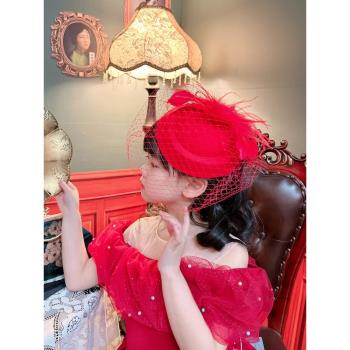 兒童小禮帽女童新年禮服面紗頭飾表演走秀紅色親子復古羽毛網紗帽