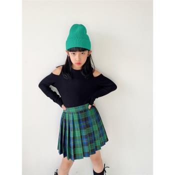 兒童春夏半身裙時髦女童綠色格子百褶裙中大童學院風洋氣短裙新年