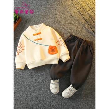 新中式男童漢服國風加絨套裝過年衣服兒童唐裝秋冬季寶寶周歲禮服