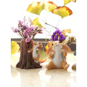 新年兔子擺件創意可愛動物花器干花插試管透明玻璃瓶辦公裝飾禮物