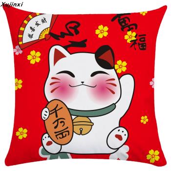 ins風網紅抱枕中式新年紅色喜慶雙面招財貓抱枕套靠墊沙發咕臣套