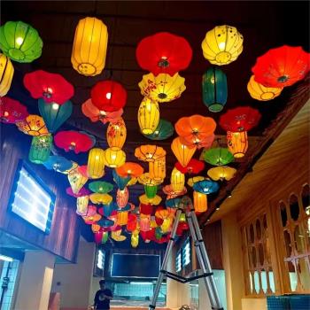 仿古手繪紅燈籠中式飛碟布藝吊燈中國風火鍋店茶樓酒店古典燈具