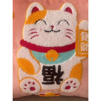 新品高階發財貓繡花靠墊沙發辦公室新年靠枕立體毛巾刺繡抱枕特價