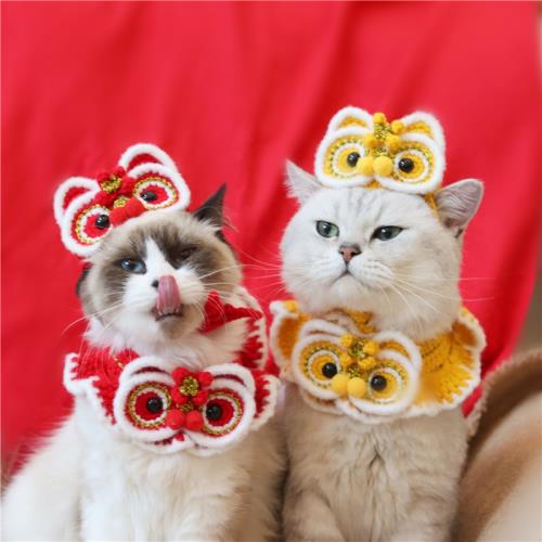 新年貓咪醒獅帽子毛線項圈狗狗圍巾寵物喜慶帽子拜年貓圍脖虎頭