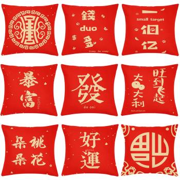 中國風新年暴富發財有錢抱枕大吉大利紅色禮品臥室靠枕套含芯