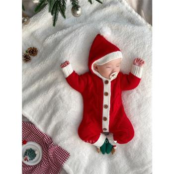 寶寶新年主題衣服可愛連帽爬服針織毛衣新生嬰幼兒連體哈衣