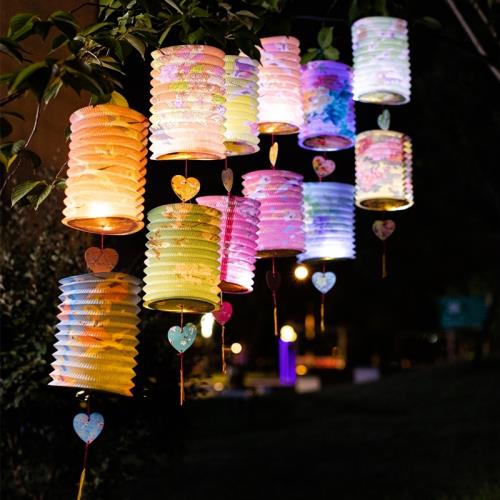 16厘米紙燈籠裝飾春節手提風琴燈元宵幼兒園古風折疊中秋新年發光