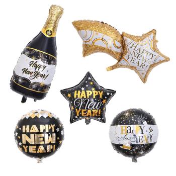 2020年新年裝扮氣球HAPPY NEW YEAR高端黑金系列流星酒瓶年會布置