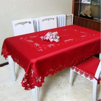 新年桌布結婚喜慶桌布大紅色茶幾布臺布婚慶餐桌桌布歐式鏤空刺繡