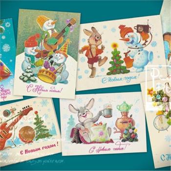 復古裝飾畫片懷舊版USSR蘇聯新年雪人小動物插圖插畫卡片明信片