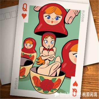 撲克美女-俄羅斯套娃美女紅桃Q新年禮物棋牌室裝飾畫芯明信片