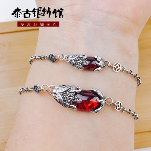 純銀貔貅手鏈石榴石民族風原創設計開口調節新年禮物新品熱賣爆款
