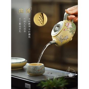 宜興紫砂壺純手工泥繪荷塘魚趣原礦段泥泡茶壺家用茶具套裝石瓢壺
