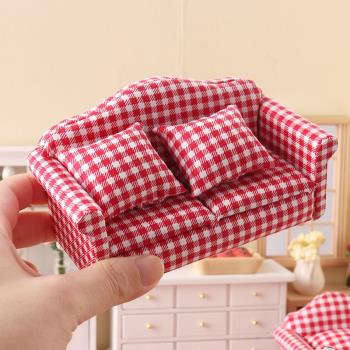 里左拉 微縮食玩紅色格子沙發套裝迷你模型1:12分ob11娃娃屋家具