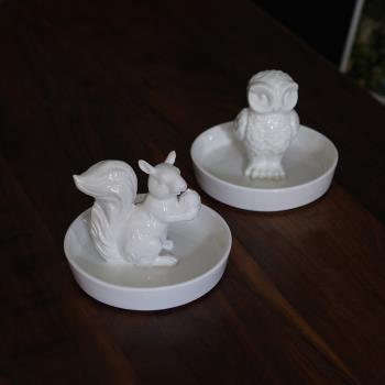藝術款 出口歐式動物造型陶瓷貓頭鷹松鼠首飾盤 家具裝飾擺件托盤